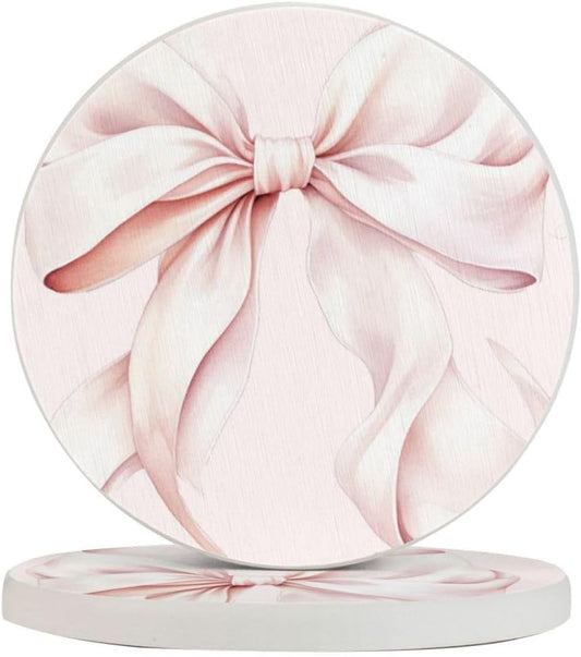 Light Pink Bow Round Drink Coasters Absorbent Coaster Set for Coffee Table Suitable for Kinds of Cups Home Decor 2 Piece