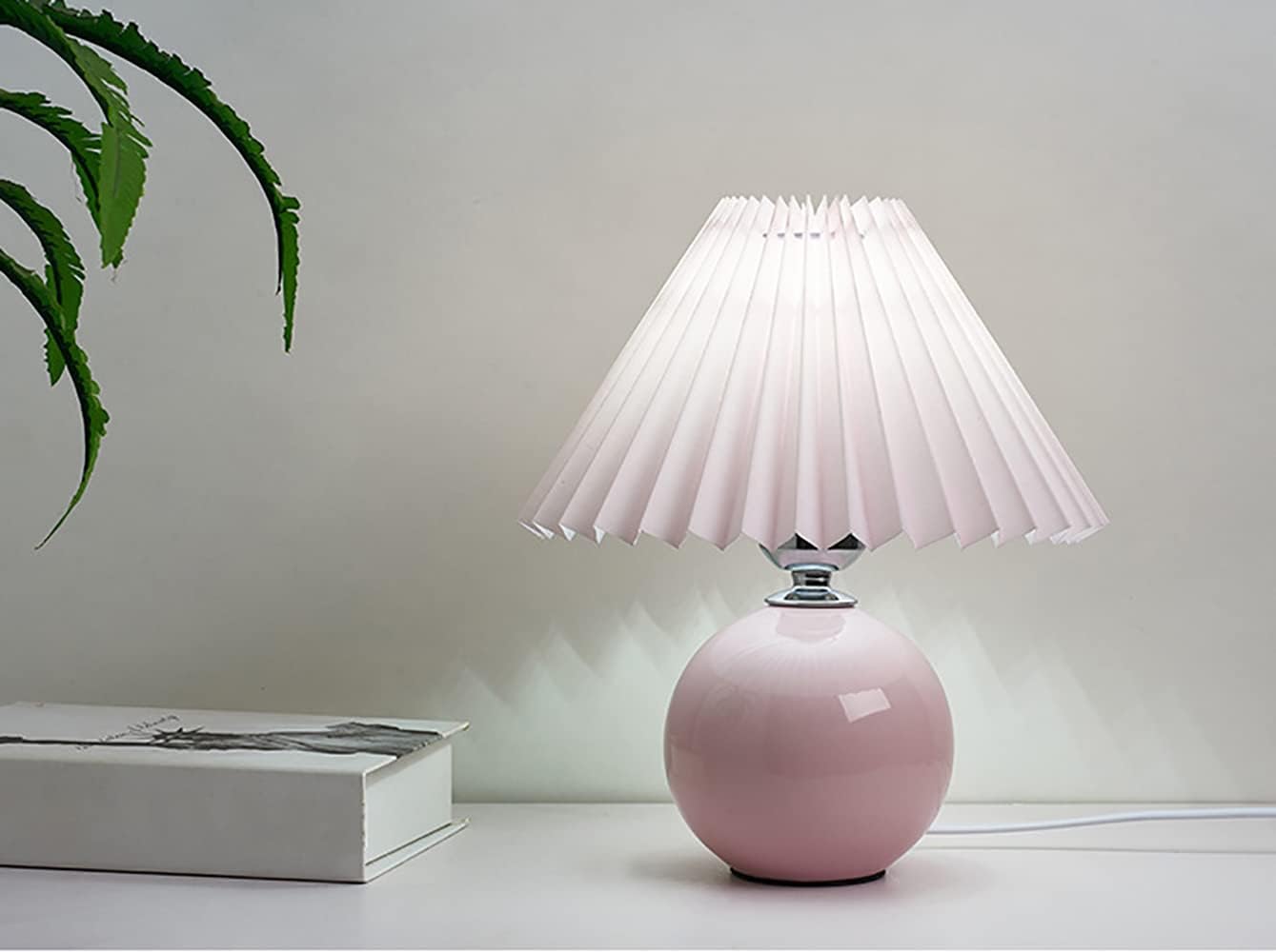Meefad Cute Bedside Lamp, 1 Light Small Table Lamp with Pleated Fabric Shade, Ceramic Base, Girls Night Light for Bedroom Reading Nightstand, Pink