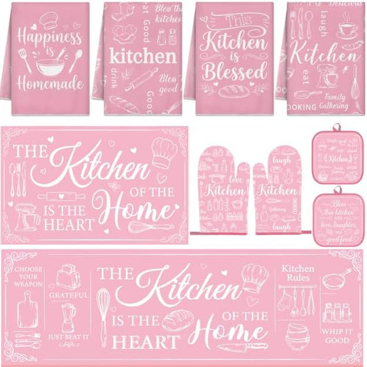 Pink Kitchen Accessories Set 10 Piece - Cute Baking Theme Kitchen Towels, Rugs, Oven Mitts and Pot Holders - Happiness is Homemade Retro Decor Gift for Baker, Mom, Women