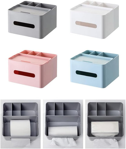 HornTide 5-in-1 Tissue Box 7.8inch Multifunction Countertop Organizer 3X Compartments 1x Tray Boutique Stationery Storage Caddy HIPS Plastic (Pink)
