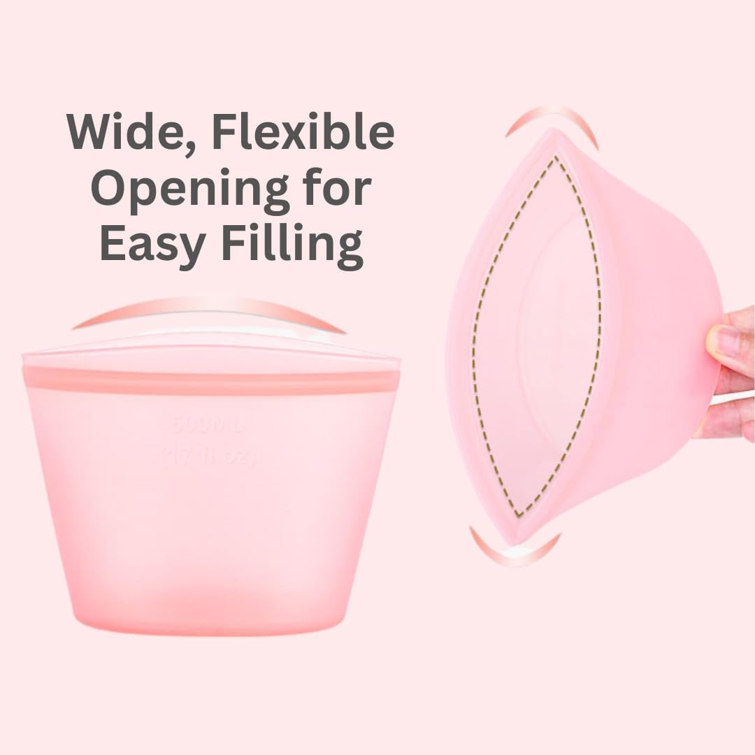 Reusable Silicone Food Storage Bags (3-pack) – Leakproof, Freezer & Microwave Safe, Stand-Up Design – Eco-Friendly, BPA Free Containers for Meal Prep & Storage (Pink)
