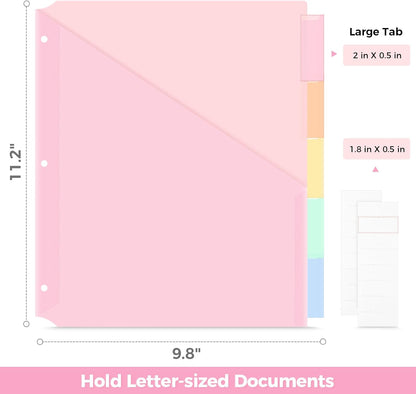 SKYDUE Binder Dividers with Two Pockets, 1Set, 5 Tabs Dividers for 3 Ring Binder, Plastic Binder Dividers with Tabs for School, Office, and Home Organization,Pink