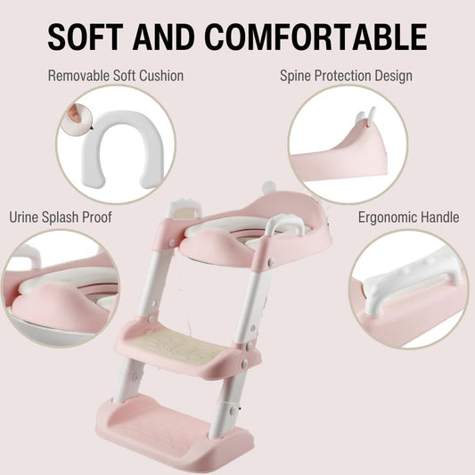 PandaEar Toilet Potty Training Seat with Step Stool Ladder, Comfortable Safe Potty Seat with Anti-Slip Pads Ladder for Kids Boys Girls Toddlers (Pink)