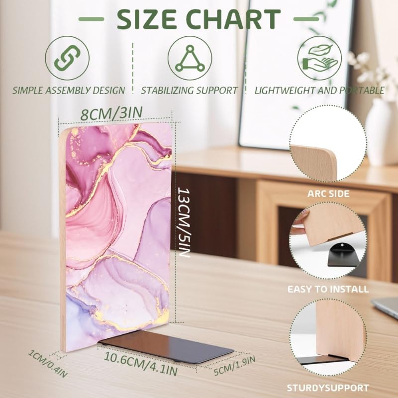 Wood Bookends Non-Slip Bookends Book Stand for Shelves Books/CD - Pink Marble Pattern