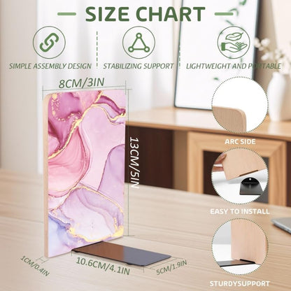 Wood Bookends Non-Slip Bookends Book Stand for Shelves Books/CD - Pink Marble Pattern