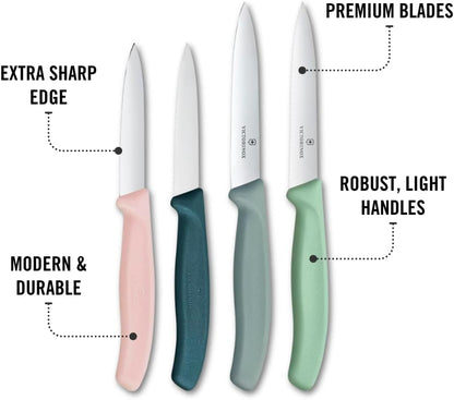 Victorinox Swiss Classic, Paring Knife Set, 4-piece, Sharp Blade, Straight and Serrated Edge, Swiss Made, Pink, Blue, Grey. Light Mint