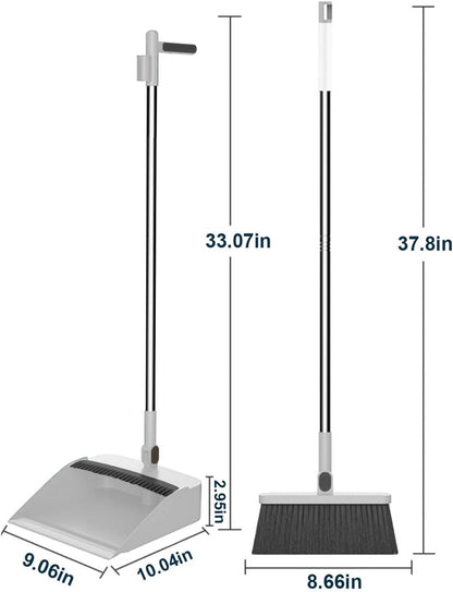 2-in-1 Broom with Dustpan Combo Set,Long Handle Broom Dustpan Combo with Dustpan Teeth to Automatically Clean Hair for Home, Indoor or Outdoor Cleaning Hall Floor (Pink)