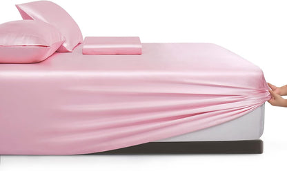 Vonty Satin Sheets Extra Deep Pocket California King Sheet Set - Cooling & Silky Satin Cal King Sheet with 18-24 Inch Deep Pocket, Pink Satin Bed Sheets Fit Up to 24" Deep Matress - 4 Piece