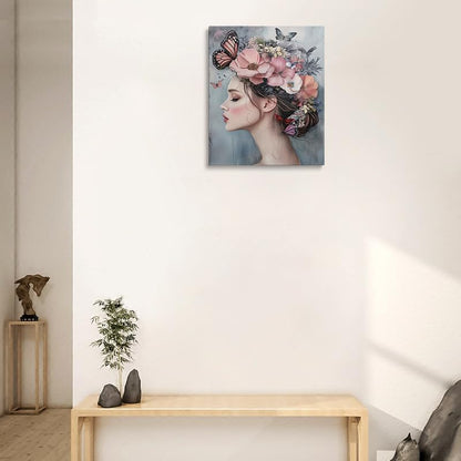 Woman with Flower Crown and Butterflies Canvas Wall Art Framed Print Painting Feminine Floral Portrait Pastel Pink Wall Decor Artwork for Bedroom Nursery Office Dreamy Ethereal Aesthetic 12x16 Inches