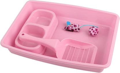 PAWISE Small Cat Litter Box,14.3 x 10.6 x 2.5 Kitten Litter Box Starter Kit,Low Entry Baby Kitten Training Litter Box with Scoop, Bowls,Cat Mouse Toy and Ball Toy,First Catty Owner Essentials(Pink)