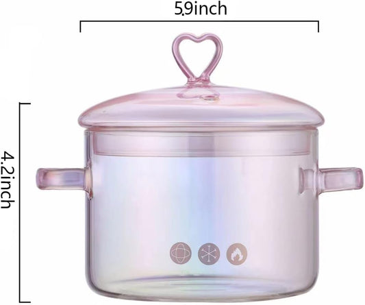 Pink Glass Saucepan with Lid and Handle, 1.5L/50oz Glass Cooking Pot, Safe for Pasta, Soup, Milk, Baby Food