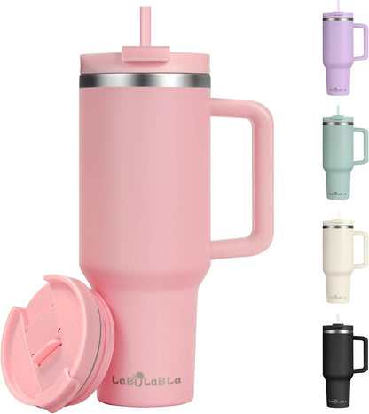 Labulabla 40oz Tumbler with Handle,Double Wall Vacuum Reusable Stainless Steel Insulated Water Bottle,With Leak Proof lid and Straw for Iced or Cold Beverages (light pink)
