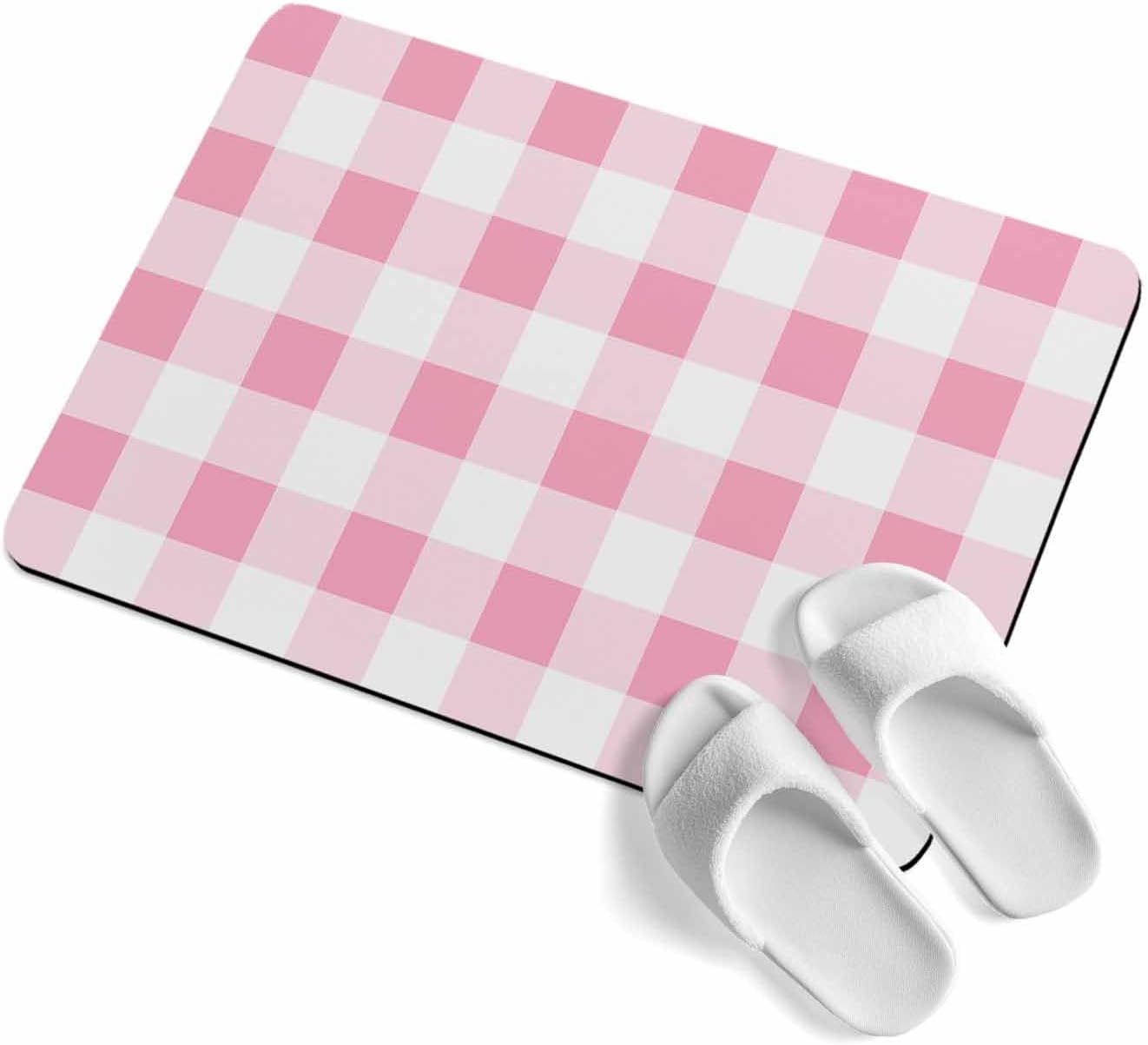 Bath Rugs, Pink Gradient Buffalo Check Absorbent Diatomaceous Earth Bath Mat Quick Drying Non Slip Washable Shower Mat 16x24IN, Modern Geometric Grid Doormat for Bathtub Kitchen Living Room