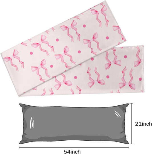 Pink Bow Ribbon Satin Body Pillow Case with Zipper 21x54 inch, Valentine‘s Day Decorative Throw Pillows Covers for Car, Room Throw Pillow Cases, Soft Breathable Pillowcases for Hair and Skin