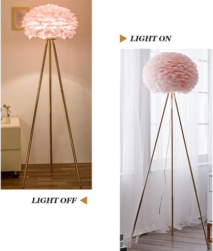 Meefad Feather Floor Lamp Metal Tripod Floor Lamp Modern Standing Light with Pink Feather Shade Elegant Floor Reading Lamp for Study Room Bedroom Living Room