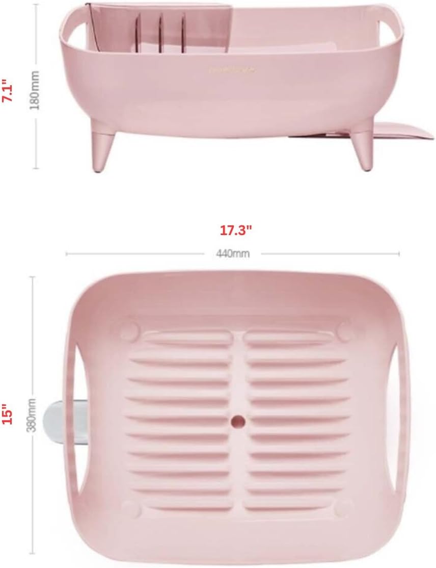 Wide Volume Dish Drying Rack, Large Capacity Kitchen Coutertop Organizer, 360° Rotatable Water Drain, Removable Utensil Holder, Sleek Design, Made in Korea (Pink)
