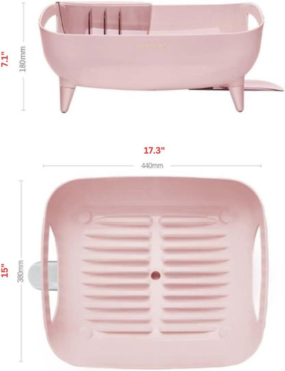 Wide Volume Dish Drying Rack, Large Capacity Kitchen Coutertop Organizer, 360° Rotatable Water Drain, Removable Utensil Holder, Sleek Design, Made in Korea (Pink)