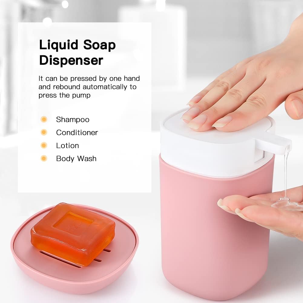 Otostar 6 Piece Bathroom Accessory Set Plastic Bath Accessories Bathroom Gifts Set with Soap Dispenser Toothbrush Holder Tumbler Soap Dish Toilet Brush Holder Trash Can Decor Countertop (Light Pink)