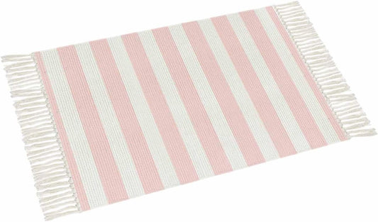 Pink Stripes Bathroom Rug 2'x3', Woven Cotton Area Rug with Tassels Washable Front Door Rugs, Farmhouse White Simple Vertical Striped Non Slip Throw Runner Rug Carpet for Entry Laundry Kitchen