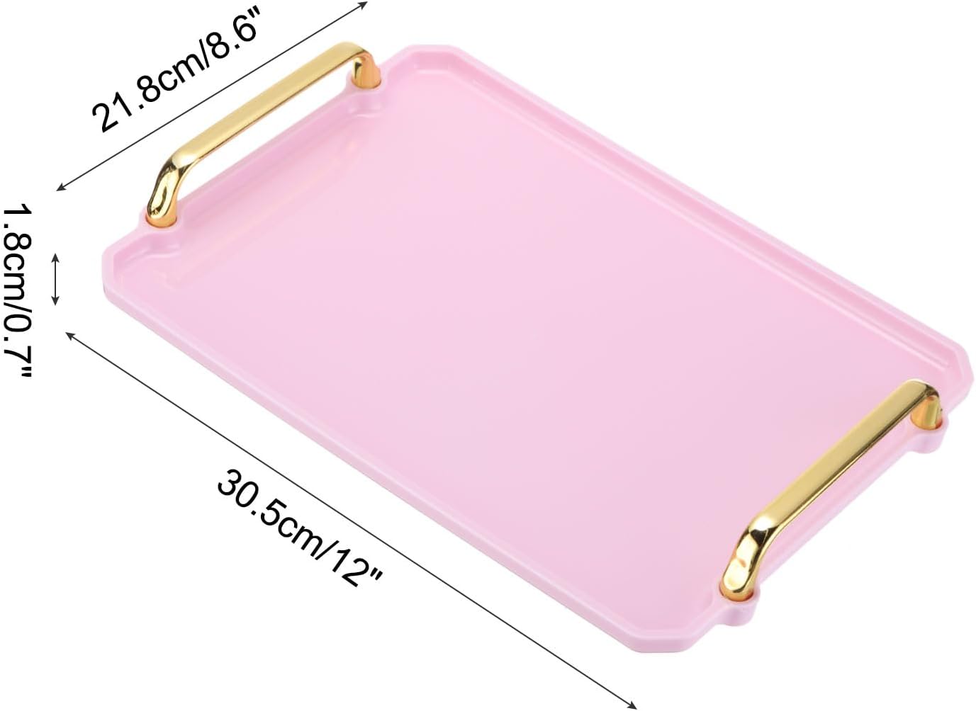 PATIKIL 12 x 8.6 Inches Plastic Serving Tray with Golden Handles, Reusable Tray Rectangular Party Platters for Dessert Coffee Tea Table, Living Room Kitchen Countertop, Pink