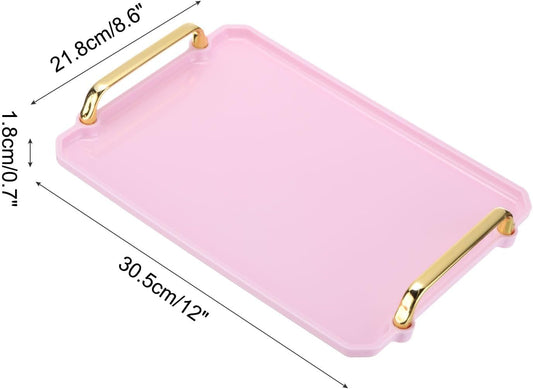 PATIKIL 12 x 8.6 Inches Plastic Serving Tray with Golden Handles, Reusable Tray Rectangular Party Platters for Dessert Coffee Tea Table, Living Room Kitchen Countertop, Pink