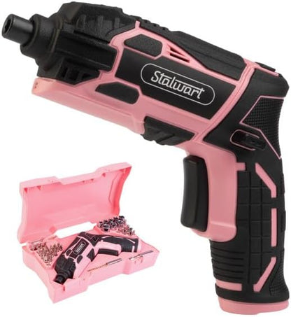 Electric Screwdriver Cordless Drill with Battery and Charger - 45-Piece Cordless Screwdriver Set with LED Light, USB Cable, Dual Position Screw Gun and Bits for Home, Office and DIY by Stalwart (Pink)