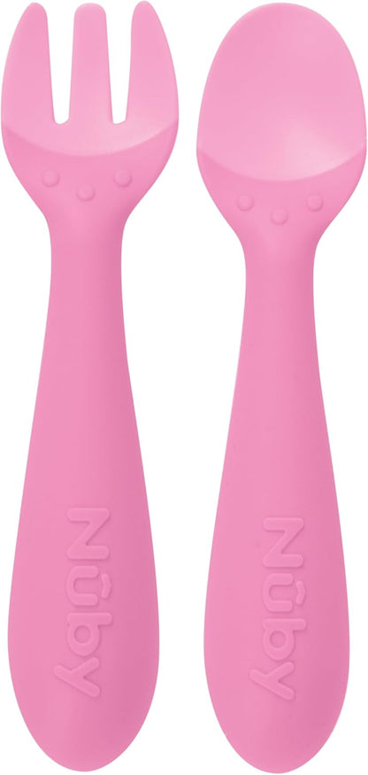 Nuby Silicone Easy Grip Fork & Spoon Set, 12+m in Pink
