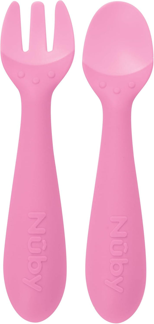 Nuby Silicone Easy Grip Fork & Spoon Set, 12+m in Pink