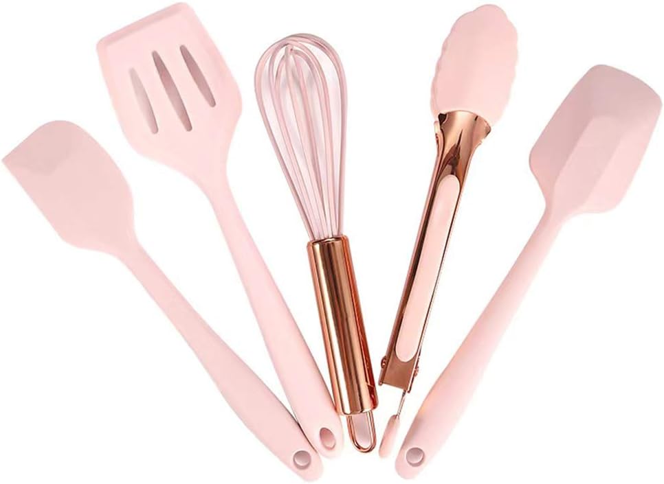 Collfa Rose Gold And Pink Kitchen Utensil Small Five-Piece Set Mini Silicone Kids Kitchen Tools Whisk Spatula Tongs Spoon And Slotted Spatula(Kids Baking Supplies)
