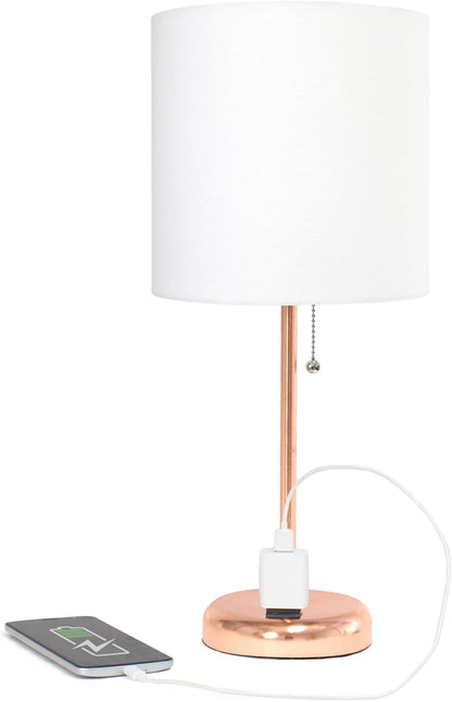 Simple Designs LT1144-RGD Sleek and Slender Rose Gold Table Lamp with Charging Outlet, for Bedroom, Living Room, Entryway, Office, Dining Room, Study, White Shade