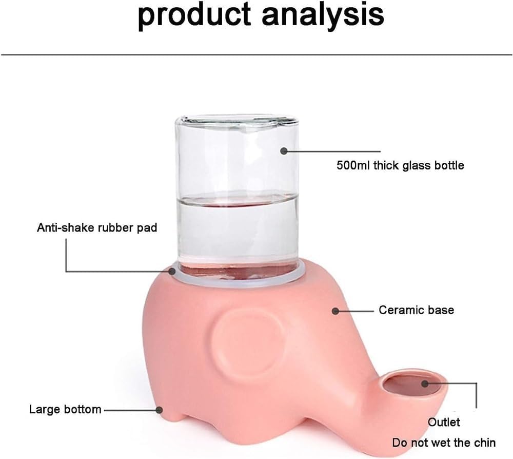 REAGAR Ceramic Cat Water Fountain w/Glass Bttle 500ml Automatic Pet Water Dispenser Ultra-Quiet Elephant Shape Pet Drinking Fountain for Cats Dogs - Won't Wet The Chin(Pink)