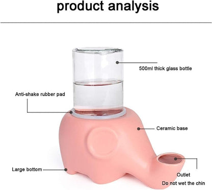REAGAR Ceramic Cat Water Fountain w/Glass Bttle 500ml Automatic Pet Water Dispenser Ultra-Quiet Elephant Shape Pet Drinking Fountain for Cats Dogs - Won't Wet The Chin(Pink)