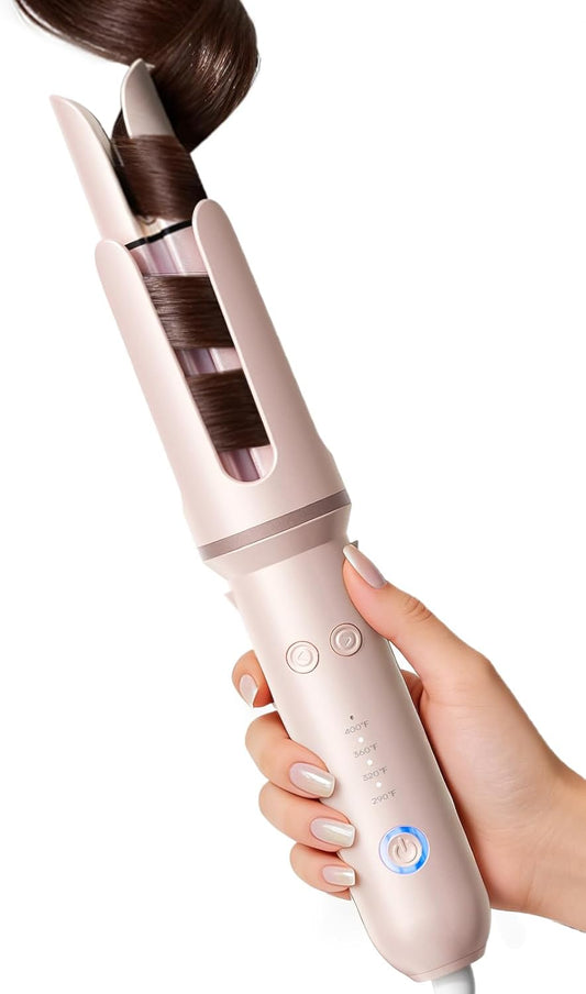 Automatic Curling Iron, 4 Heat Settings, 1.25” Rotating Curling Wand for Long Loose Curls & Beach Waves, Ionic Ceramic Hair Curler, Anti-Scald & Tangle-Free, Dual Voltage, Pink