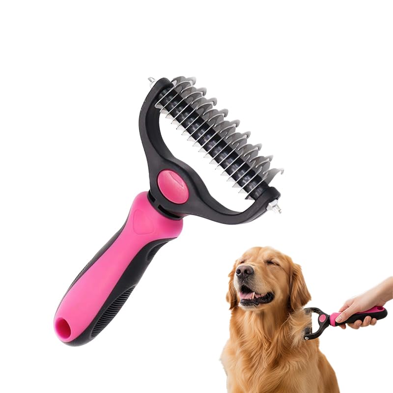 Pet Grooming Tool, Double Sided Deshedding Brush Dematting Rake, Stainless Steel Grooming Comb for Dogs & Cats, Undercoat Rake for Removing Loose Fur, Tangles and Knots (Pink-S, 1 Pack)