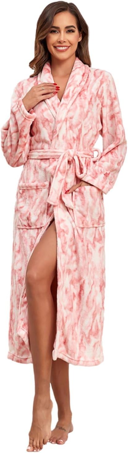 RONGTAI Long Fleece Robes for Women, Rabbit Printed Womens Robe with Belt and Pockets, Warm Soft and Luxury (S, Pink), Small
