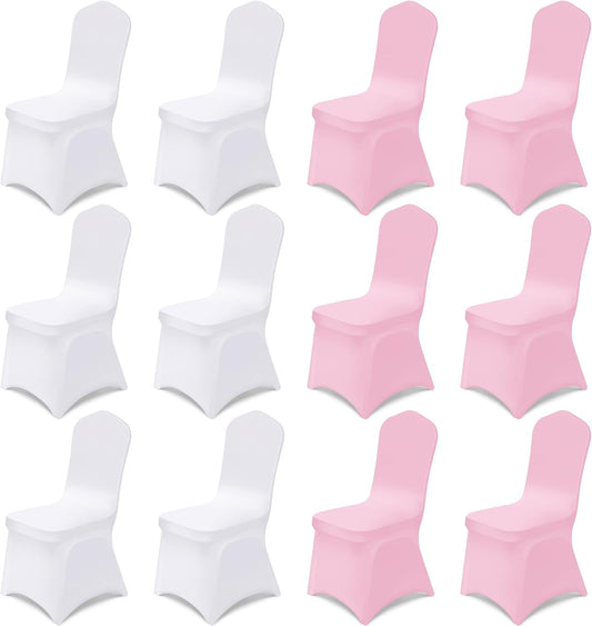 Oudain 12 Pcs Pink White Folding Chair Covers Universal Spandex Slipcovers Washable Removable Stretch Chair Protector Covers for Wedding Birthday Party Decoration