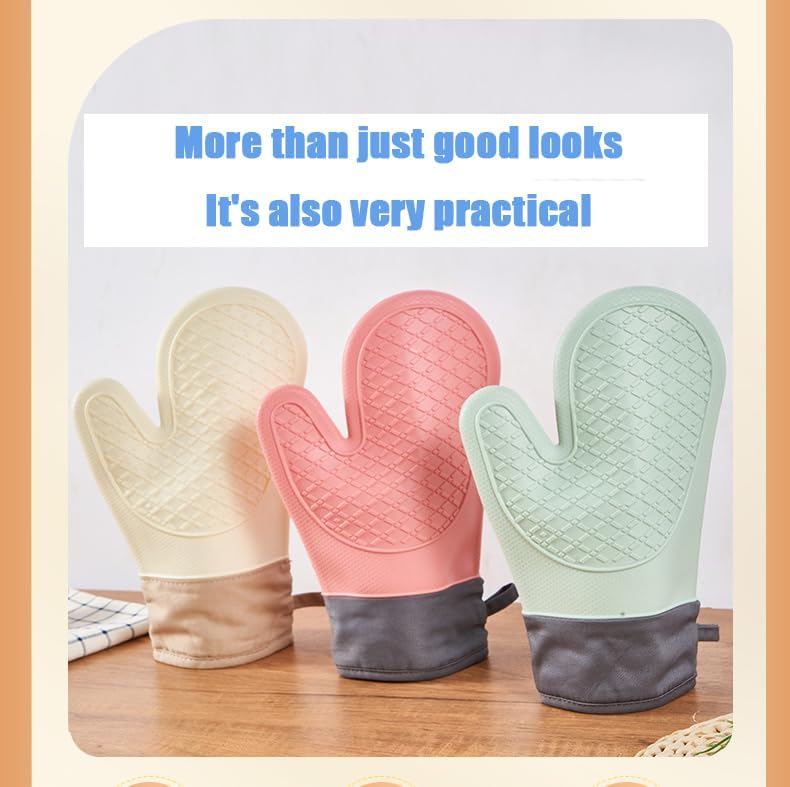 Heat Resistant Silicone Oven Mitts, 500°F Non-Slip Mitts for Cooking, Baking and Grilling, Extra Thick Kitchen Mitts with Grippy Texture (One) (Pink)