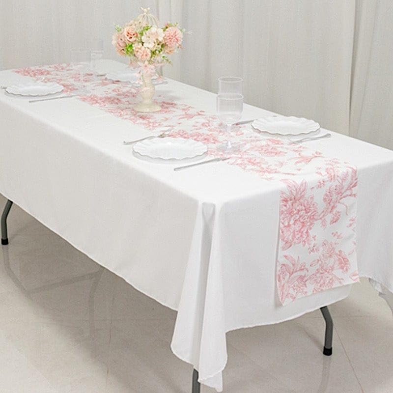 12 x 108-Inch White with Pink Floral French Toile Polyester Table Top Runner Wedding Party Event Reception Occasions Linens Decorations