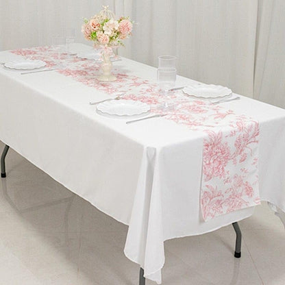 12 x 108-Inch White with Pink Floral French Toile Polyester Table Top Runner Wedding Party Event Reception Occasions Linens Decorations