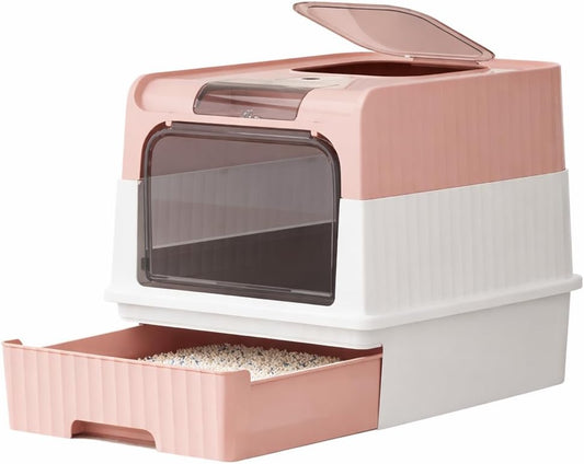Foldable Enclosed Cat Litter Box with Drawer and Lid - Top Entry Splash-Proof Cat Toilet, Odor-Proof and Leak-Proof and Spaceful, Lightweight and Portable Pet Toilet with Scoop (Pink)