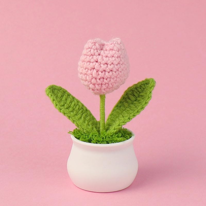 Crochet Tulip Flowers, 2pcs Small Potted Flower Tulip Artificial Flowers Handmade Knitted Tulips Potted Plants for Home Office Desk Decorations Gift (Pink)