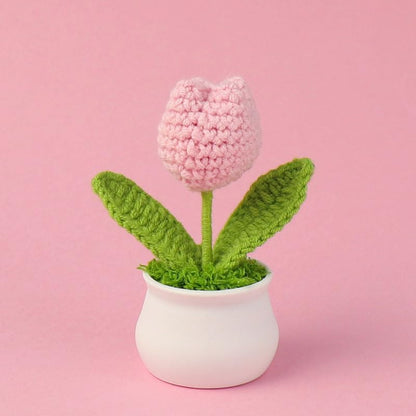 Crochet Tulip Flowers, 2pcs Small Potted Flower Tulip Artificial Flowers Handmade Knitted Tulips Potted Plants for Home Office Desk Decorations Gift (Pink)