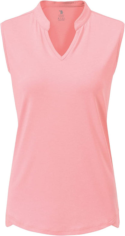 BGOWATU Women's Golf Polo T-Shirts Sleeveless V Neck Collarless Tennis Shirts UV Protection Quick Dry Lightweight
