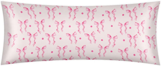 Pink Bow Ribbon Satin Body Pillow Case with Zipper 21x54 inch, Valentine‘s Day Decorative Throw Pillows Covers for Car, Room Throw Pillow Cases, Soft Breathable Pillowcases for Hair and Skin