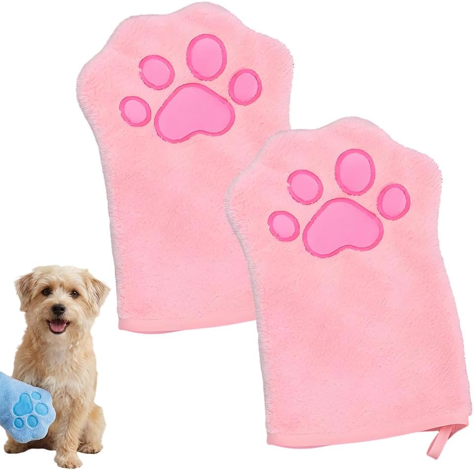 SENOY Paw Bathing Towel for Cats, Washable Reusable Coral Fleece Pet Drying Glove, Quick-Absorbent Cat Bathing Supplies with Hanging Loop, Soft Grooming Towel for Dogs & Cats (Pink-2pcs)
