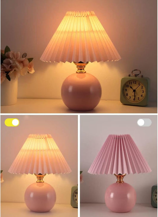 Meefad Cute Bedside Lamp, 1 Light Small Table Lamp with Pleated Fabric Shade, Ceramic Base, Girls Night Light for Bedroom Reading Nightstand, Pink