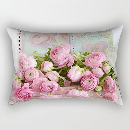 Rectangular Throw Pillow Cover Shabby Chic Cottage Pink Floral Ranunculus Peonies Roses Print Cotton Home Decor Square Cushion Pillowcase 12x20 Inch