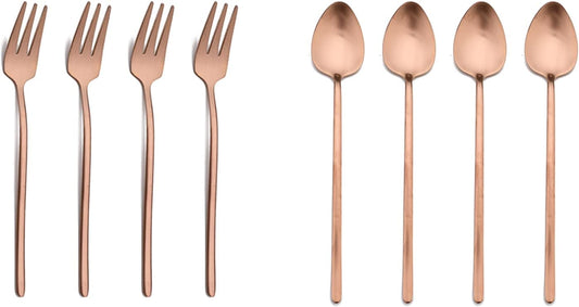 JASHII Modern Design 304 Stainless Steel 5.3" Tea Fork Set,3 prong Small Cake Fruit Forks and 5.4" Coffee Spoons Frosted Handle for Coffee Ice Cream Sugar Parties Events Wedding - Rose Gold