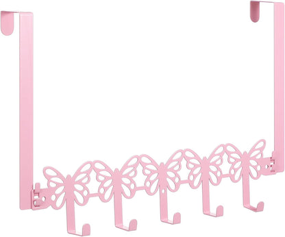AceOrbit Pink Butterfly Over The Door Hooks Wall Mount Towel Hanger Cute Door Holder Rack with 5 Hooks Hanging Towel, Coat Keys, Bags, Hats, Clothes for Bedroom Bathroom Kitchen Dorm Room Organizer