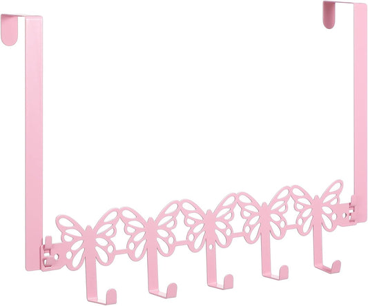AceOrbit Pink Butterfly Over The Door Hooks Wall Mount Towel Hanger Cute Door Holder Rack with 5 Hooks Hanging Towel, Coat Keys, Bags, Hats, Clothes for Bedroom Bathroom Kitchen Dorm Room Organizer